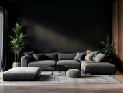 Modern living room with a gray sectional sofa, ottoman, and decorative plants.